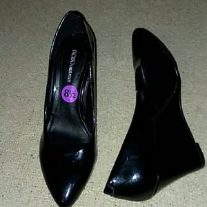 BCBG black patent wedge 3" heel  size 8 1/2